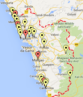 Miejsca w Goa, które odwiedziliśmy (na czerwono zaznaczone zostały te, w których nocowaliśmy) 